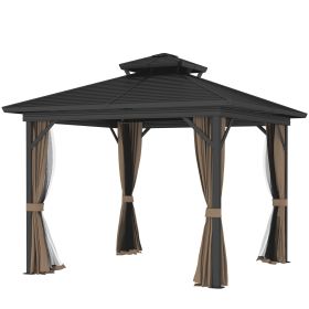 10 X 10 Hardtop Gazebo With Aluminum Frame, Metal Roof Gazebo Canopy W Hook, Curtains Included, Dark Brown