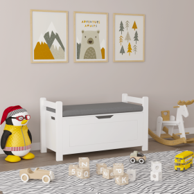 Kids Toy Box Chest, White Rubber Wood Toy Box for Boys Girls, Large Storage Cabinet with Cushion Seat Bench/Flip-Top Lid/Safety Hinge