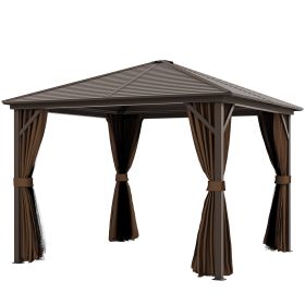 10 X 10 Hardtop Gazebo Canopy, Permanent Pavilion With Hook, Curtains, Aluminum Frame For Patio, Garden, Dark Brown
