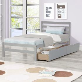 Betterhood Twin Platform Bed Frame with 2 Storage Drawers;  Wood Twin Bed Frames for Kids Toddler Girls Boys;  10 Slats Support;  No Box Spring N (Color: GREY)