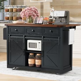 53.7" Farmhouse Kitchen Island with Power Outlet, 2 Sliding Barn Door Kitchen Storage Island with Drop Leaf, Spice Rack Rolling Kitchen Cart on W (Color: black, Material: Particle Board+MDF)