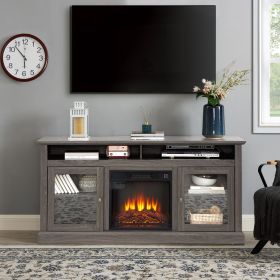 Retro TV Stand for 65'' TV, TV Console Cabinet with Storage, Open Shelves Entertainment Center for Living Room and Bedroom (Color: Black + Dark Walnut, With Fireplace Insert: Yes)