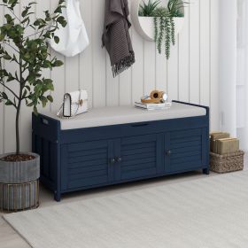 Storage Bench with 3 Shutter-shaped Doors,Shoe Bench with Removable Cushion and Hidden Storage Space (Color: Antique Navy, Material: MDF)