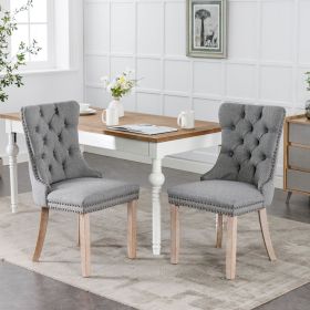 Modern High-end Tufted Solid Wood Contemporary Flax Upholstered Dining Chair with Wood Legs Nailhead Trim 2-Pcs Set (Color: Gray, Material: Linen)