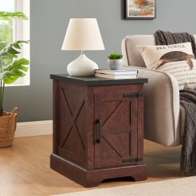 Farmhouse End table Nightstand Rectangular Farmhouse End Table with Barn Door and Adjustable Storage Shelf, Rustic Sofa Side Table for Living Roo (Color: Oak, Material: MDF)