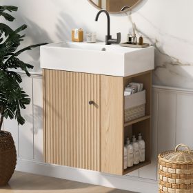 21.6 inch Modern Floating Bathroom Vanity with Ceramic Basin - Perfect for Small Bathrooms, Right side storage (Color: Wood, Material: Ceramic+MDF)