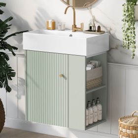 21.6 inch Modern Floating Bathroom Vanity with Ceramic Basin - Perfect for Small Bathrooms, Right side storage (Color: Green, Material: Ceramic+MDF)